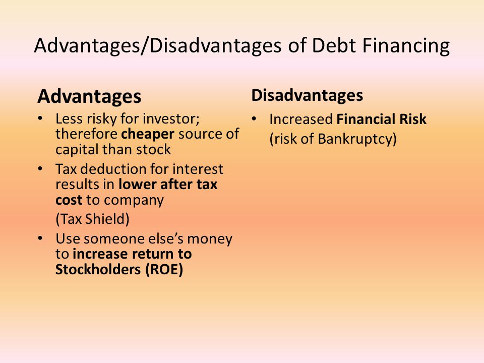 Advantages/Disadvantages of Debt Financing Advantages Less risky for investor; therefore cheaper source of capital than stock Tax deduction for interest results in lower after tax cost to company (Tax Shield) Use someone else’s money to increase return to Stockholders (ROE) Disadvantages Increased Financial Risk (risk of Bankruptcy)