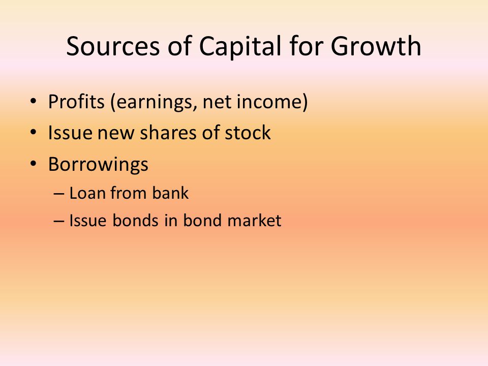 Sources of Capital for Growth Profits (earnings, net income) Issue new shares of stock Borrowings – Loan from bank – Issue bonds in bond market