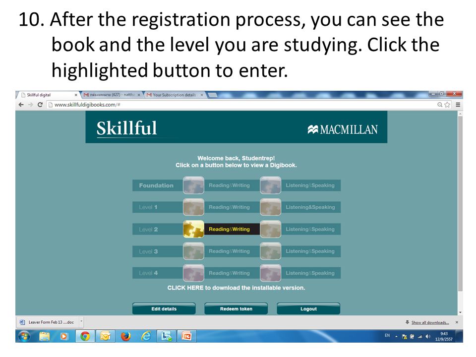 10. After the registration process, you can see the book and the level you are studying.