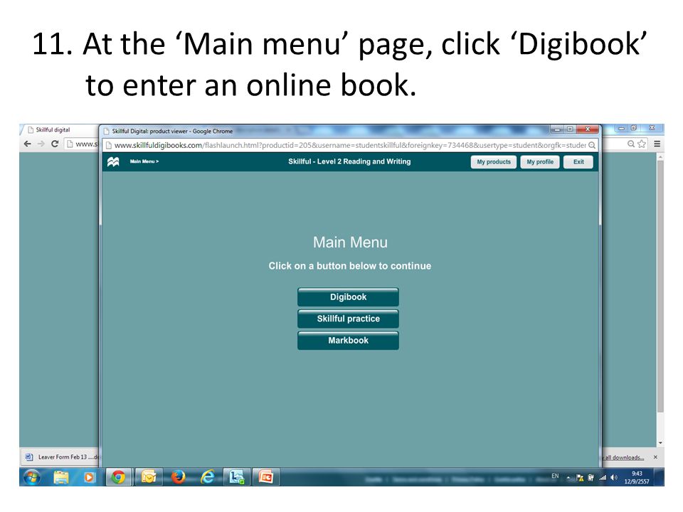 11. At the ‘Main menu’ page, click ‘Digibook’ to enter an online book.