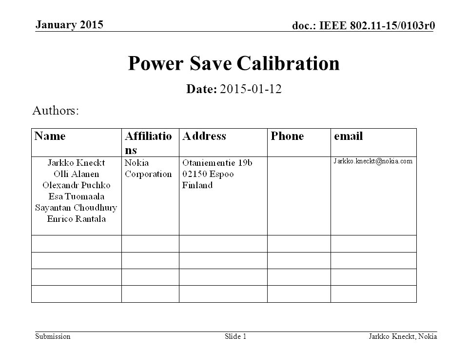 Submission doc.: IEEE /0103r0 January 2015 Jarkko Kneckt, NokiaSlide 1 Power Save Calibration Date: Authors: