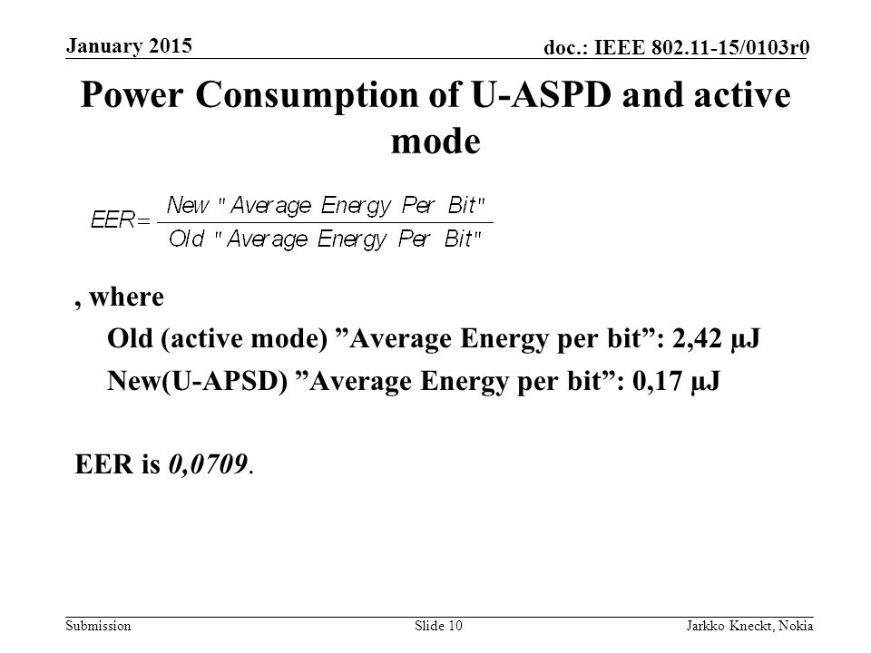 Submission doc.: IEEE /0103r0 Power Consumption of U-ASPD and active mode, where Old (active mode) Average Energy per bit : 2,42 µJ New(U-APSD) Average Energy per bit : 0,17 µJ EER is 0,0709.