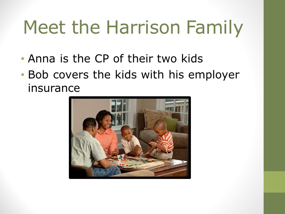 Meet the Harrison Family Anna is the CP of their two kids Bob covers the kids with his employer insurance