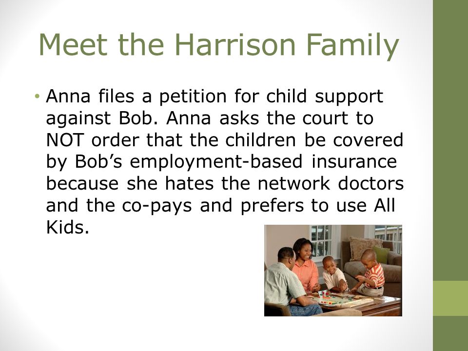 Meet the Harrison Family Anna files a petition for child support against Bob.