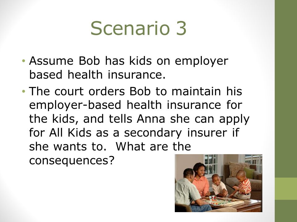 Scenario 3 Assume Bob has kids on employer based health insurance.