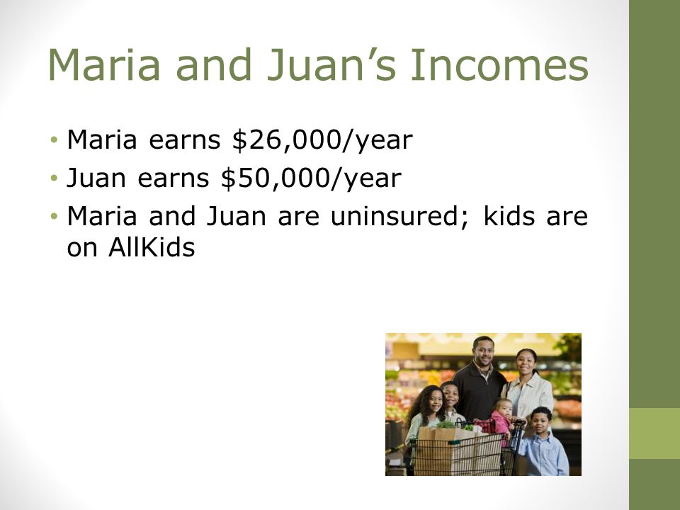 Maria and Juan’s Incomes Maria earns $26,000/year Juan earns $50,000/year Maria and Juan are uninsured; kids are on AllKids