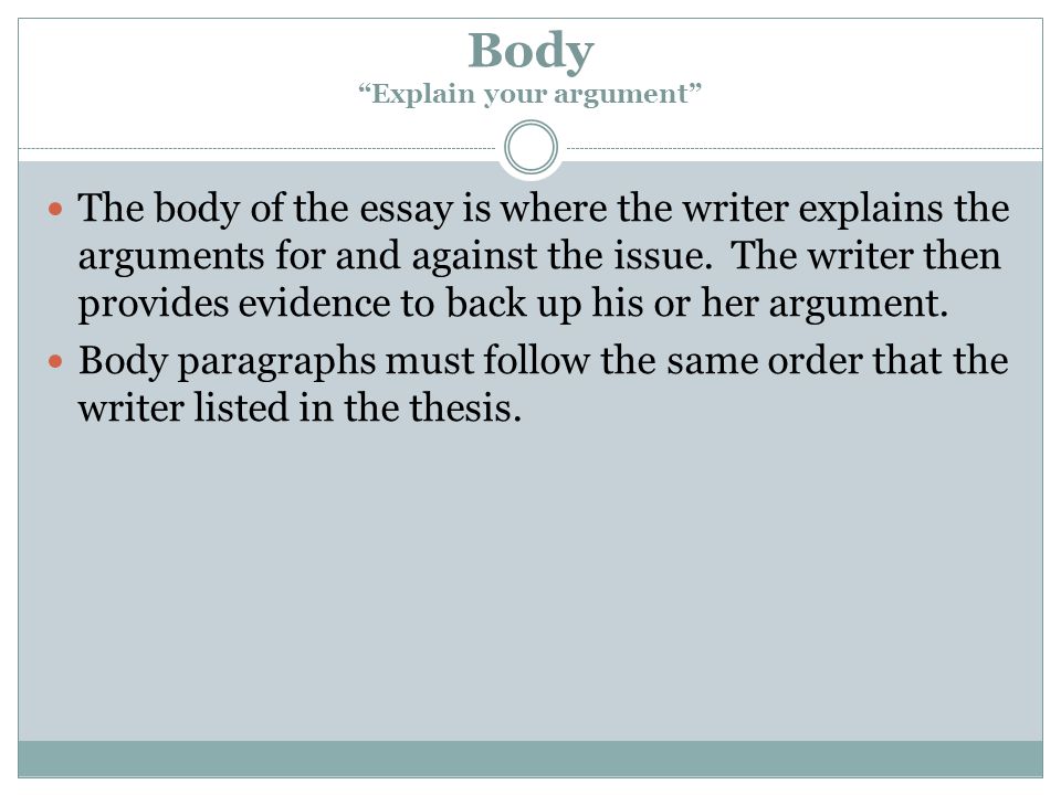 Body Explain your argument The body of the essay is where the writer explains the arguments for and against the issue.