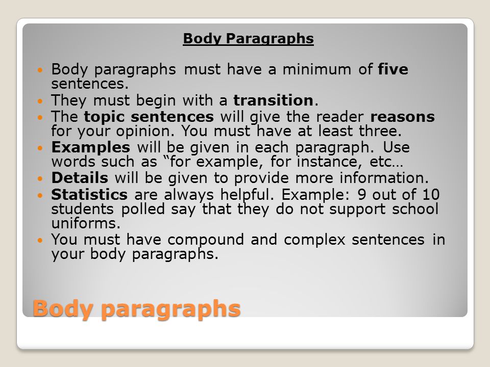 Body paragraphs Body Paragraphs Body paragraphs must have a minimum of five sentences.