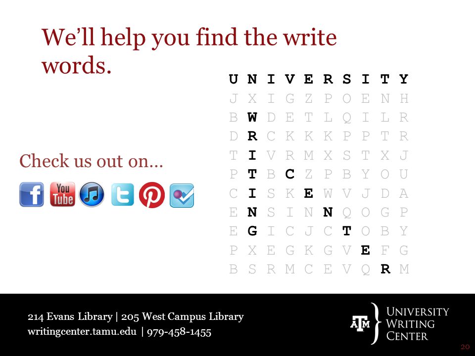 214 Evans Library | 205 West Campus Library writingcenter.tamu.edu | We’ll help you find the write words.