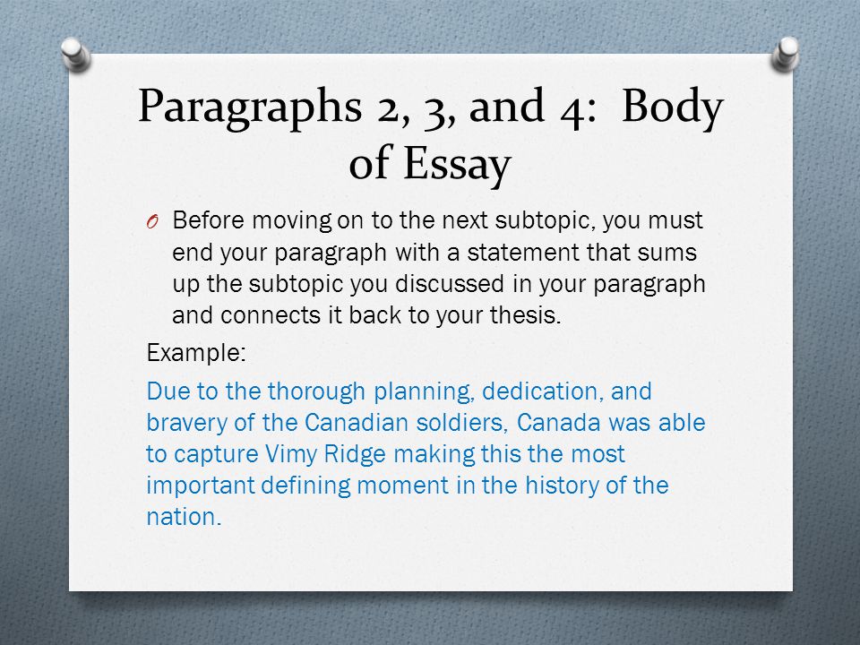 Paragraphs 2, 3, and 4: Body of Essay O Before moving on to the next subtopic, you must end your paragraph with a statement that sums up the subtopic you discussed in your paragraph and connects it back to your thesis.