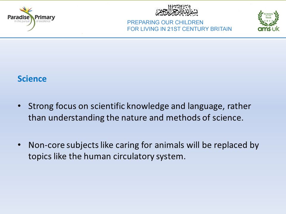 Science Strong focus on scientific knowledge and language, rather than understanding the nature and methods of science.