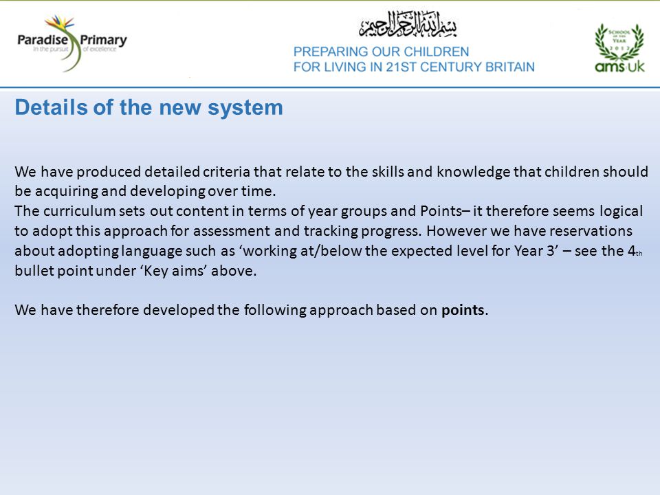 Details of the new system We have produced detailed criteria that relate to the skills and knowledge that children should be acquiring and developing over time.