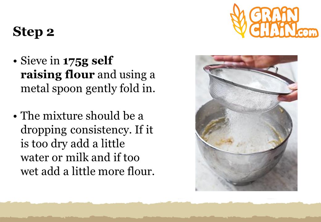 Step 2 Sieve in 175g self raising flour and using a metal spoon gently fold in.