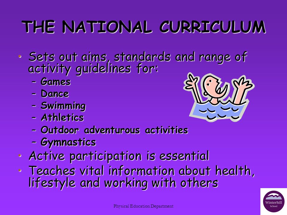 Physical Education Department THE NATIONAL CURRICULUM Sets out aims, standards and range of activity guidelines for:Sets out aims, standards and range of activity guidelines for: –Games –Dance –Swimming –Athletics –Outdoor adventurous activities –Gymnastics Active participation is essentialActive participation is essential Teaches vital information about health, lifestyle and working with othersTeaches vital information about health, lifestyle and working with others