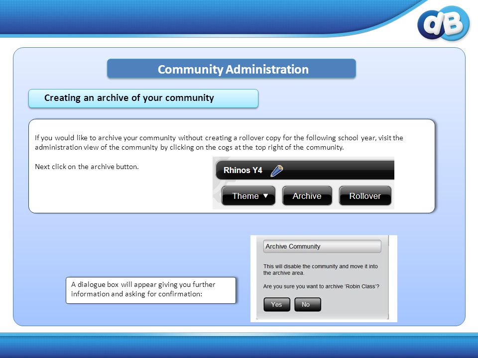 If you would like to archive your community without creating a rollover copy for the following school year, visit the administration view of the community by clicking on the cogs at the top right of the community.