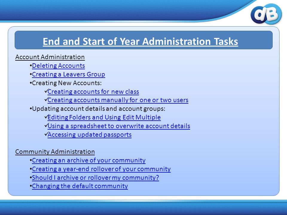 Account Administration Deleting Accounts Creating a Leavers Group Creating New Accounts: Creating accounts for new class Creating accounts manually for one or two users Updating account details and account groups: Editing Folders and Using Edit Multiple Using a spreadsheet to overwrite account details Accessing updated passports Community Administration Creating an archive of your community Creating a year-end rollover of your community Should I archive or rollover my community.