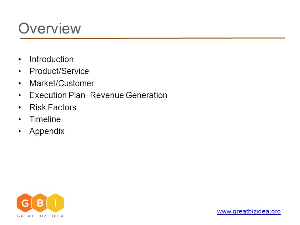 Overview Introduction Product/Service Market/Customer Execution Plan- Revenue Generation Risk Factors Timeline Appendix