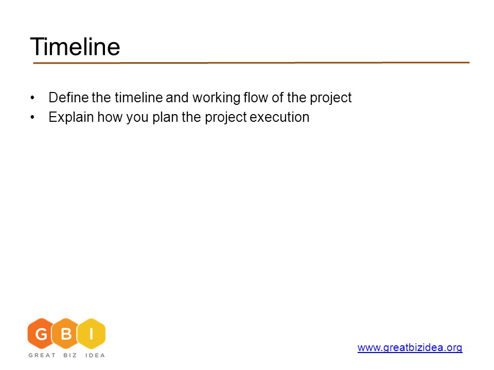 Timeline Define the timeline and working flow of the project Explain how you plan the project execution