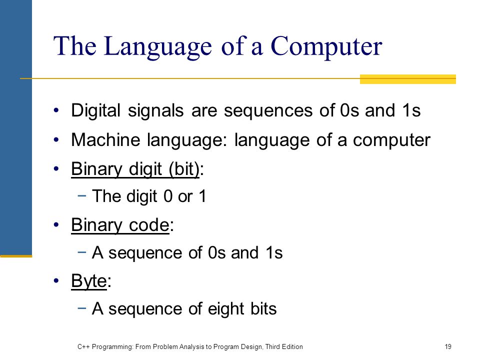 The Language of a Computer Digital signals are sequences of 0s and 1s Machine language: language of a computer Binary digit (bit): −The digit 0 or 1 Binary code: −A sequence of 0s and 1s Byte: −A sequence of eight bits C++ Programming: From Problem Analysis to Program Design, Third Edition19
