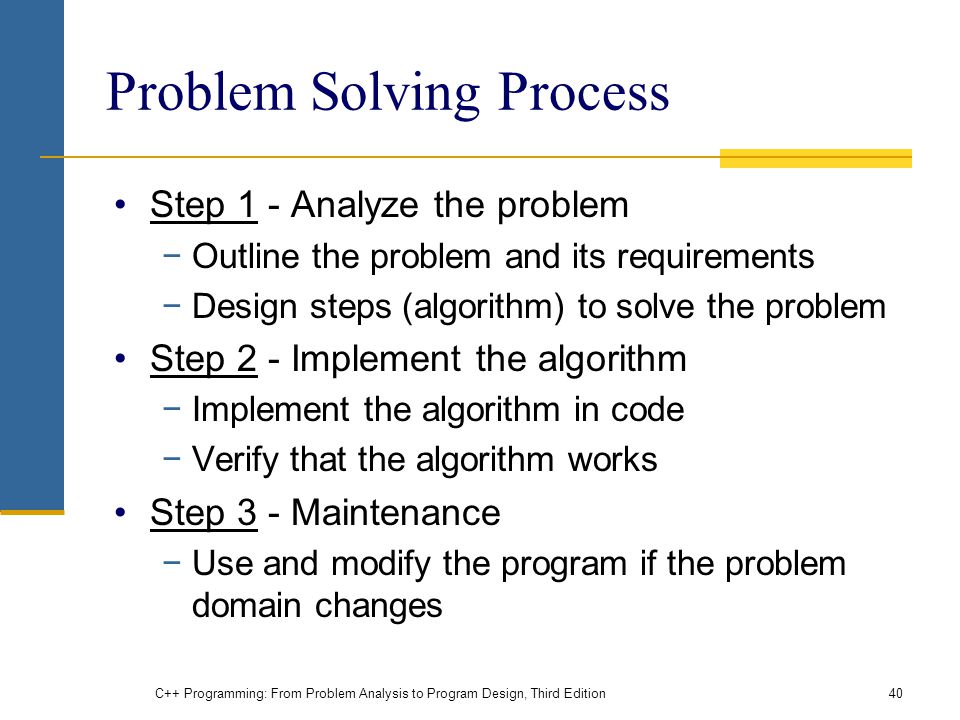 Problem Solving Process Step 1 - Analyze the problem −Outline the problem and its requirements −Design steps (algorithm) to solve the problem Step 2 - Implement the algorithm −Implement the algorithm in code −Verify that the algorithm works Step 3 - Maintenance −Use and modify the program if the problem domain changes C++ Programming: From Problem Analysis to Program Design, Third Edition40