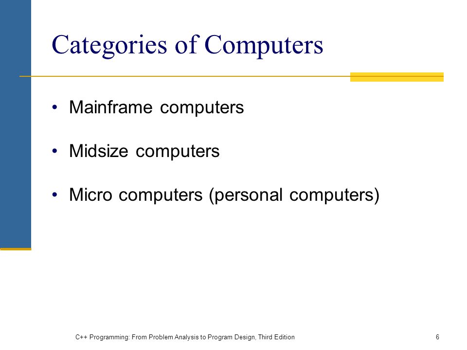 Categories of Computers Mainframe computers Midsize computers Micro computers (personal computers) C++ Programming: From Problem Analysis to Program Design, Third Edition6