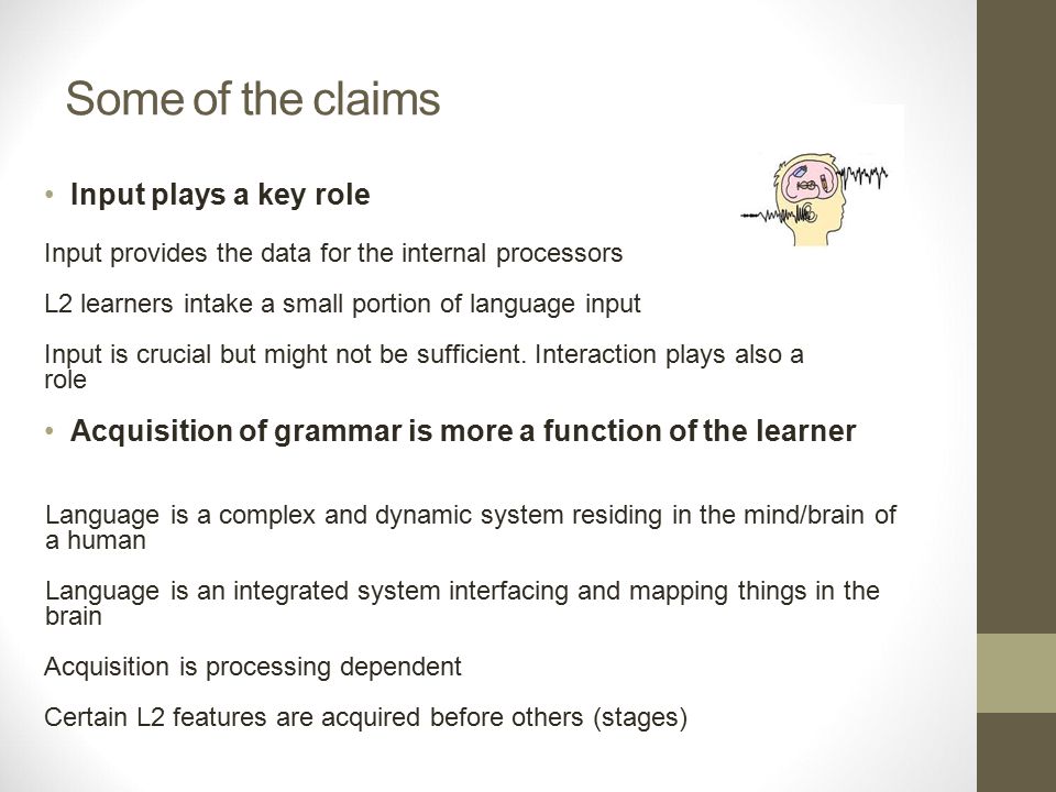 Some of the claims Input plays a key role Input provides the data for the internal processors L2 learners intake a small portion of language input Input is crucial but might not be sufficient.