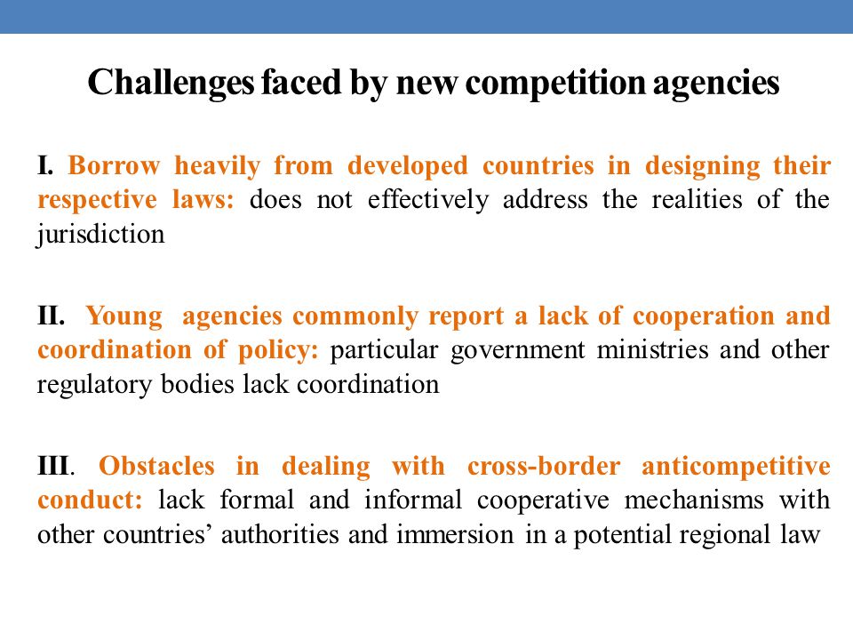 Challenges faced by new competition agencies I.