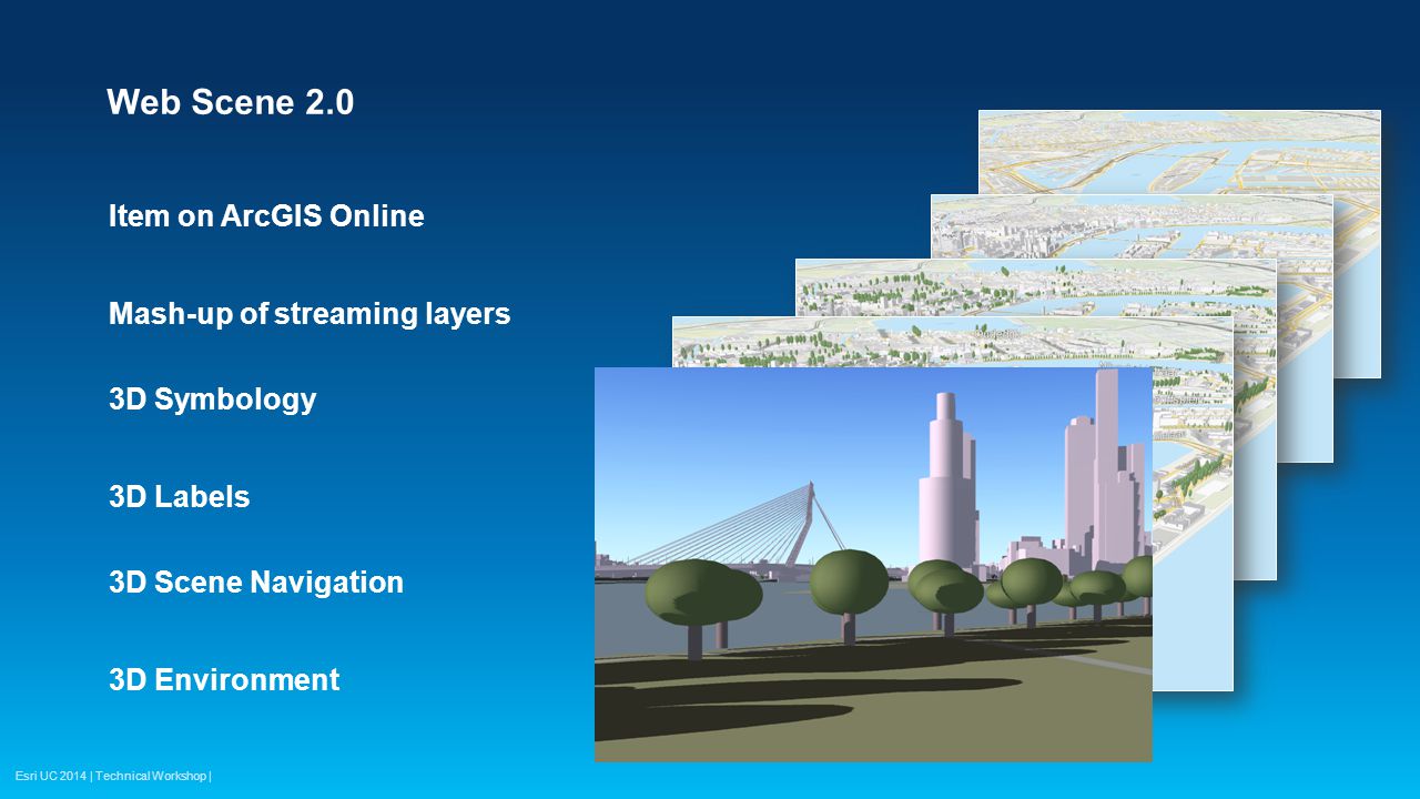 Esri UC 2014 | Technical Workshop | Web Scene 2.0 Item on ArcGIS Online Mash-up of streaming layers 3D Symbology 3D Labels 3D Scene Navigation 3D Environment