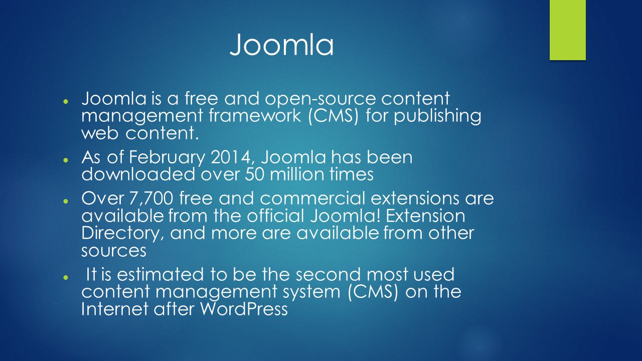 Joomla Joomla is a free and open-source content management framework (CMS) for publishing web content.