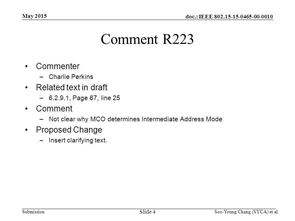 doc.: IEEE Submission May 2015 Soo-Young Chang (SYCA) et al Comment R223 Commenter –Charlie Perkins Related text in draft – , Page 67, line 25 Comment –Not clear why MCO determines Intermediate Address Mode Proposed Change –Insert clarifying text.