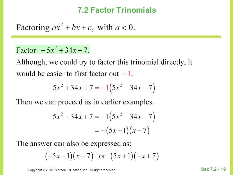 Copyright © 2010 Pearson Education, Inc. All rights reserved. Sec Factor Trinomials