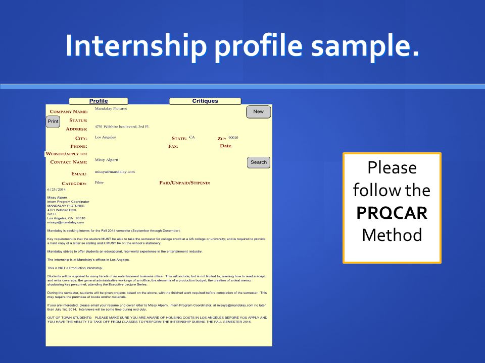 Internship profile sample. Please follow the PRQCAR Method