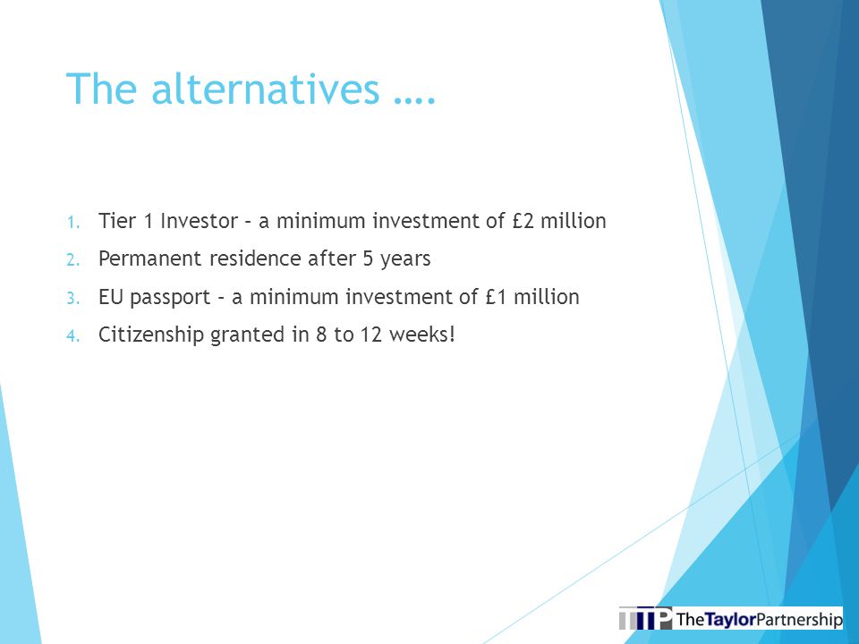 The alternatives …. 1. Tier 1 Investor – a minimum investment of £2 million 2.