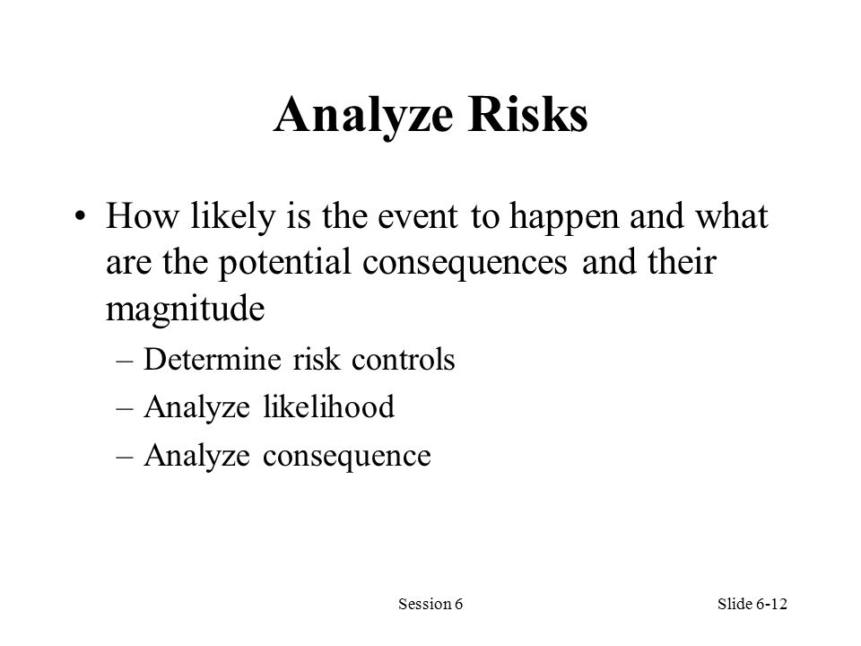 Analyze Risks How likely is the event to happen and what are the potential consequences and their magnitude –Determine risk controls –Analyze likelihood –Analyze consequence Session 6Slide 6-12