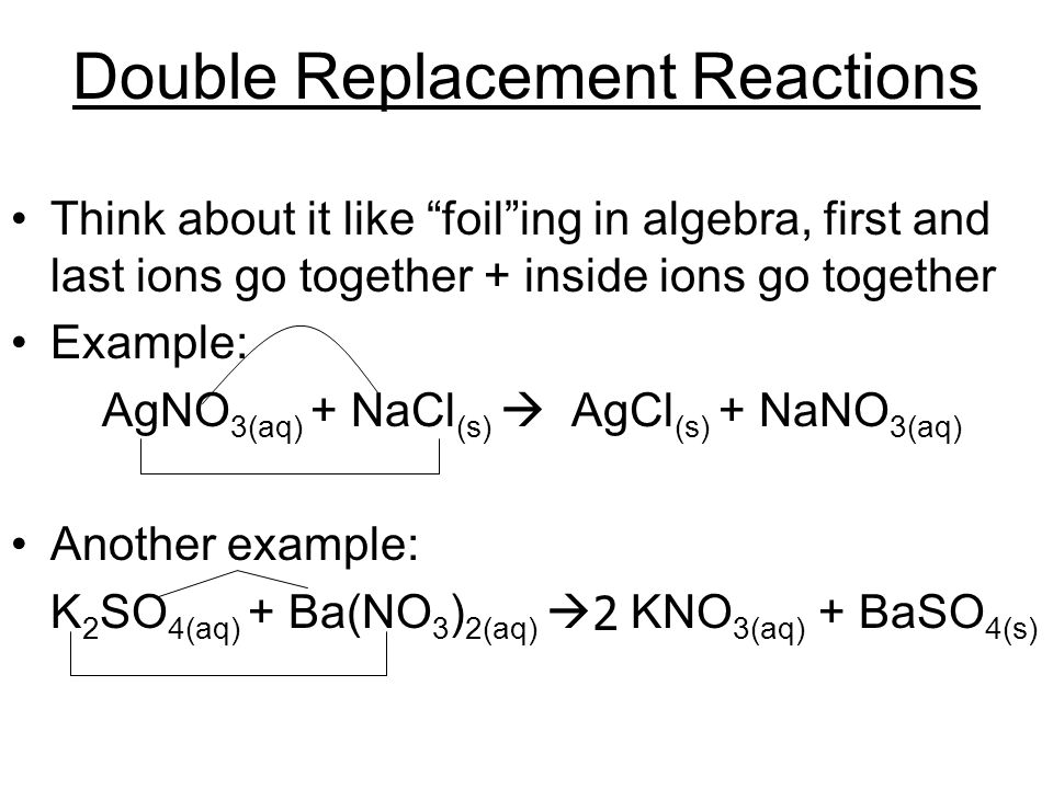 Double Replacement Reactions Think about it like foil ing in algebra, first and last ions go together + inside ions go together Example: AgNO 3(aq) + NaCl (s)  AgCl (s) + NaNO 3(aq) Another example: K 2 SO 4(aq) + Ba(NO 3 ) 2(aq)  KNO 3(aq) + BaSO 4(s) 2