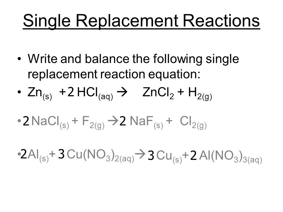 Single Replacement Reactions Write and balance the following single replacement reaction equation: Zn (s) + HCl (aq)  ZnCl 2 + H 2(g) 2 NaCl (s) + F 2(g)  NaF (s) + Cl 2(g) Al (s) + Cu(NO 3 ) 2(aq)  22 Cu (s) + Al(NO 3 ) 3(aq)