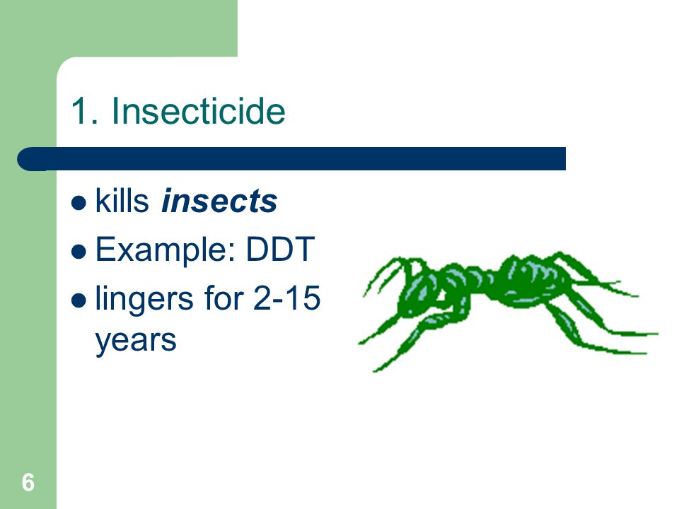 6 1. Insecticide kills insects Example: DDT lingers for 2-15 years