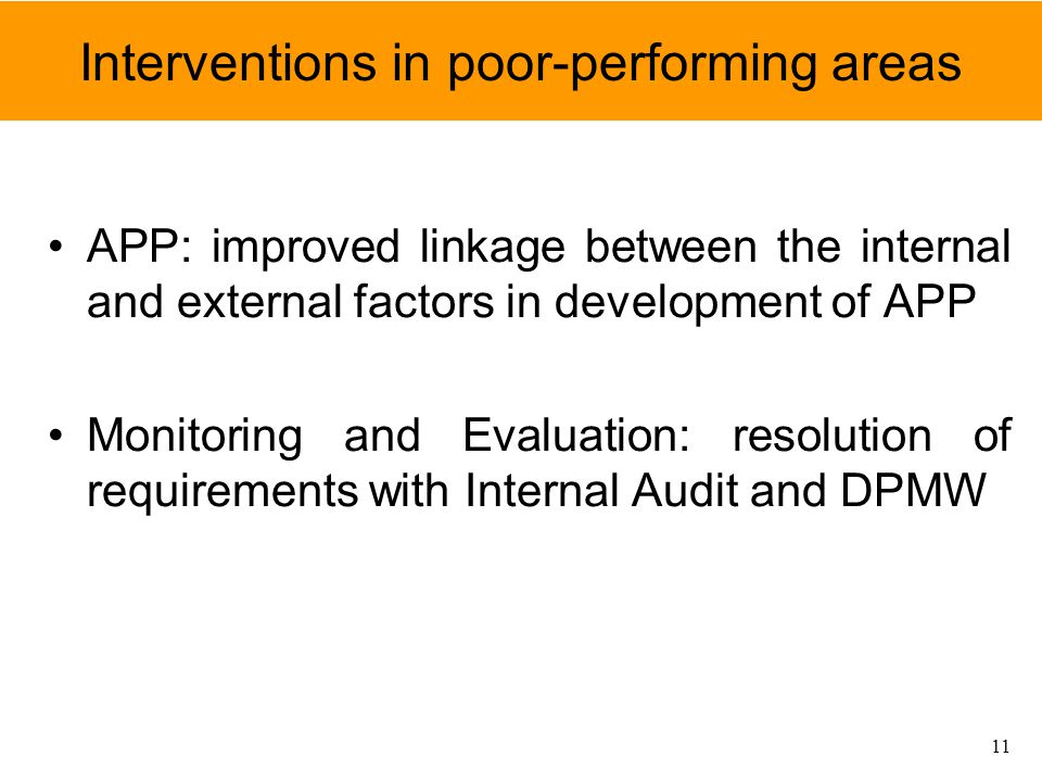 Interventions in poor-performing areas APP: improved linkage between the internal and external factors in development of APP Monitoring and Evaluation: resolution of requirements with Internal Audit and DPMW 11