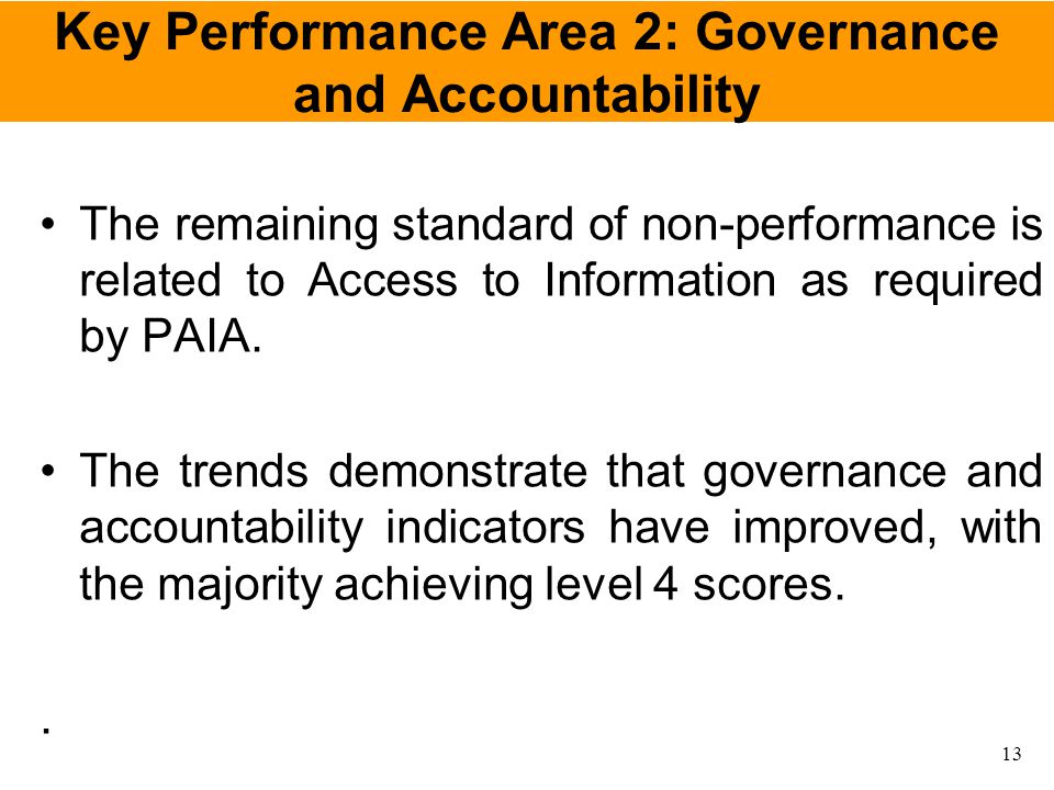 Key Performance Area 2: Governance and Accountability The remaining standard of non-performance is related to Access to Information as required by PAIA.
