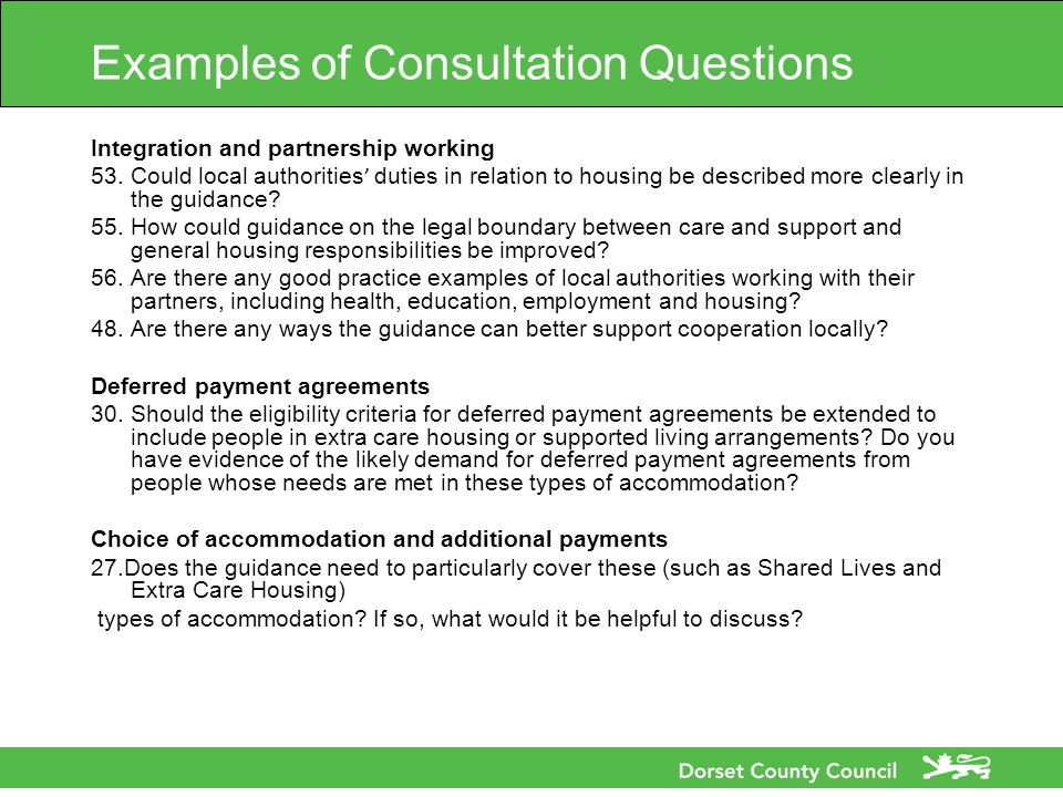 Examples of Consultation Questions Integration and partnership working 53.