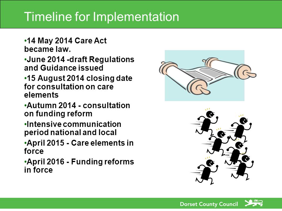 Timeline for Implementation 14 May 2014 Care Act became law.