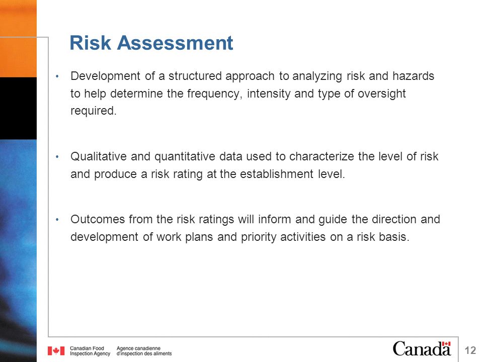 Risk Assessment Development of a structured approach to analyzing risk and hazards to help determine the frequency, intensity and type of oversight required.