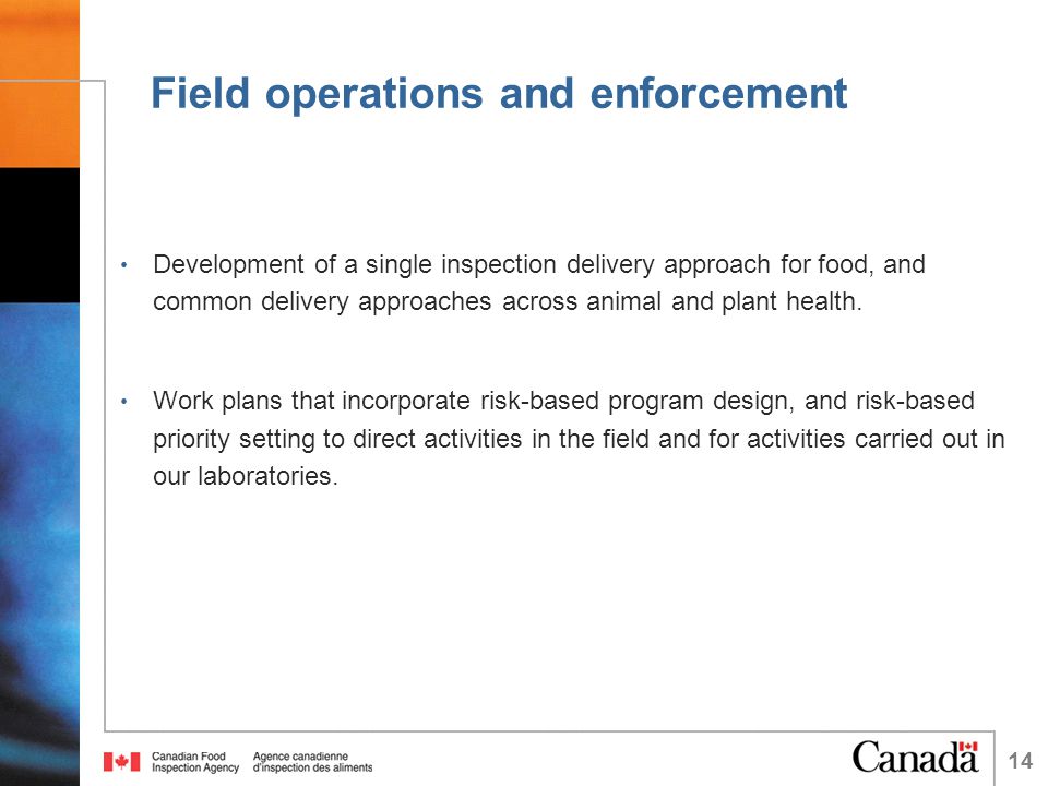 Field operations and enforcement Development of a single inspection delivery approach for food, and common delivery approaches across animal and plant health.