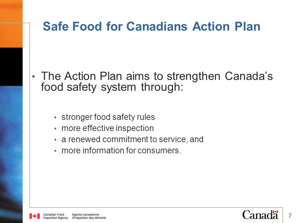 Safe Food for Canadians Action Plan The Action Plan aims to strengthen Canada’s food safety system through: stronger food safety rules more effective inspection a renewed commitment to service, and more information for consumers.