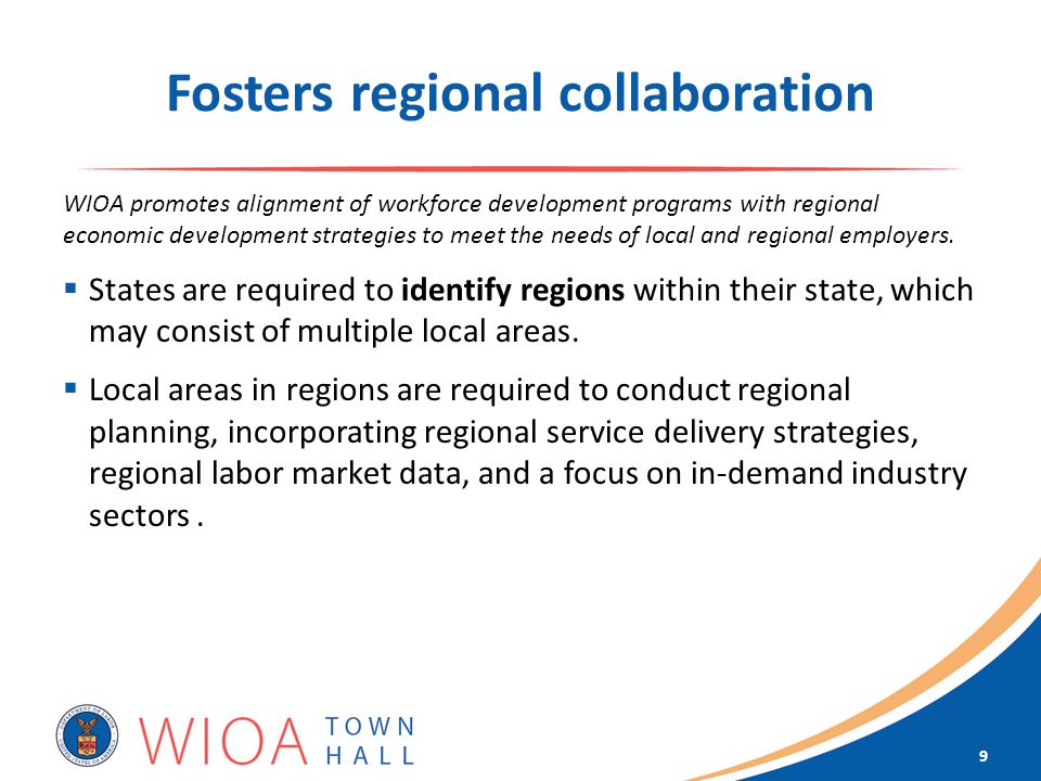 Fosters regional collaboration WIOA promotes alignment of workforce development programs with regional economic development strategies to meet the needs of local and regional employers.