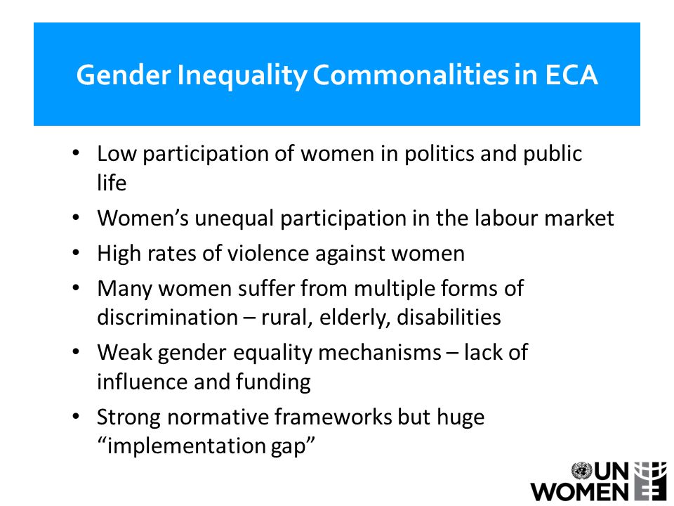 Gender Inequality Commonalities in ECA Low participation of women in politics and public life Women’s unequal participation in the labour market High rates of violence against women Many women suffer from multiple forms of discrimination – rural, elderly, disabilities Weak gender equality mechanisms – lack of influence and funding Strong normative frameworks but huge implementation gap