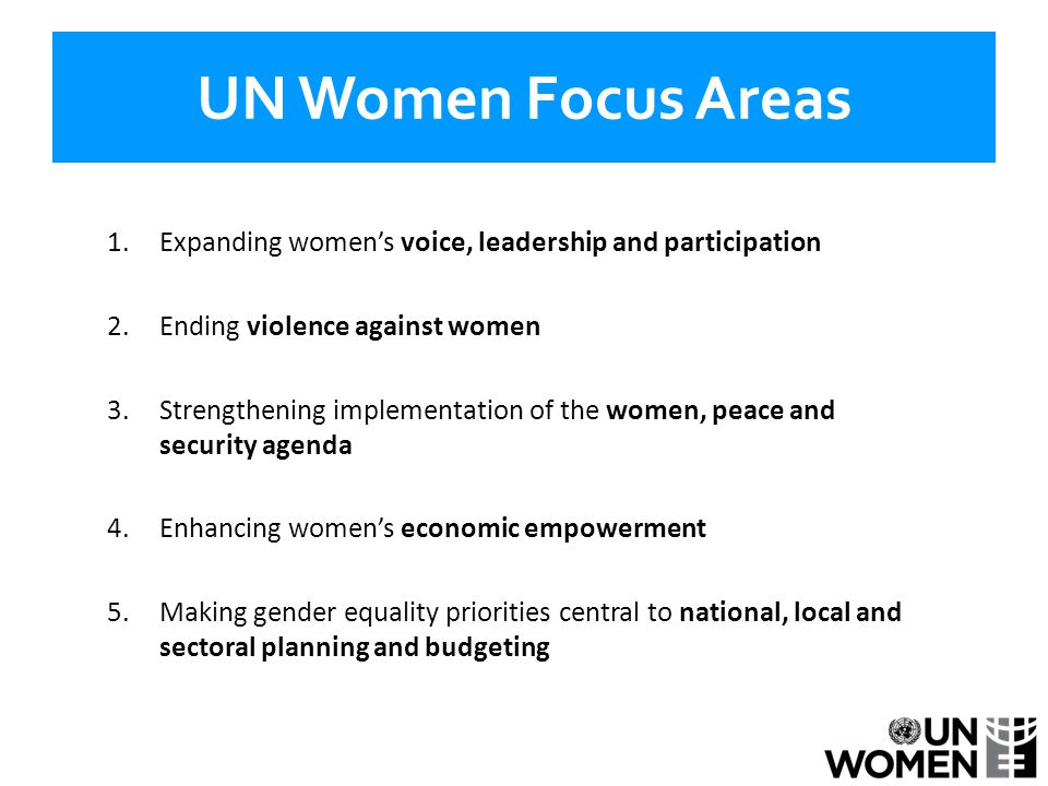 UN Women Focus Areas 1.Expanding women’s voice, leadership and participation 2.Ending violence against women 3.Strengthening implementation of the women, peace and security agenda 4.Enhancing women’s economic empowerment 5.Making gender equality priorities central to national, local and sectoral planning and budgeting