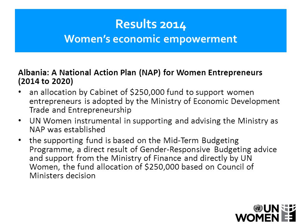 Results 2014 Women’s economic empowerment Albania: A National Action Plan (NAP) for Women Entrepreneurs (2014 to 2020) an allocation by Cabinet of $250,000 fund to support women entrepreneurs is adopted by the Ministry of Economic Development Trade and Entrepreneurship UN Women instrumental in supporting and advising the Ministry as NAP was established the supporting fund is based on the Mid-Term Budgeting Programme, a direct result of Gender-Responsive Budgeting advice and support from the Ministry of Finance and directly by UN Women, the fund allocation of $250,000 based on Council of Ministers decision
