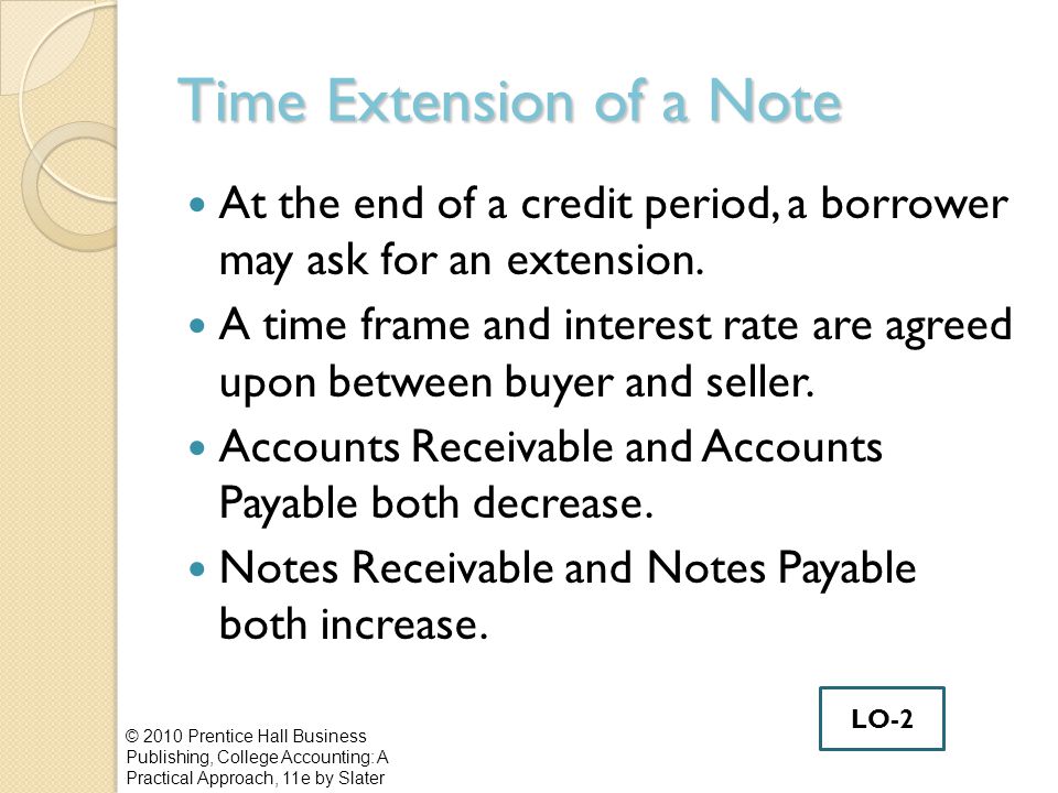 Time Extension of a Note At the end of a credit period, a borrower may ask for an extension.