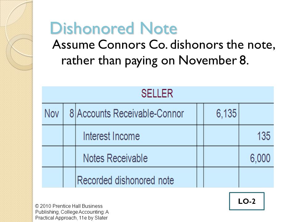 Dishonored Note Assume Connors Co. dishonors the note, rather than paying on November 8.